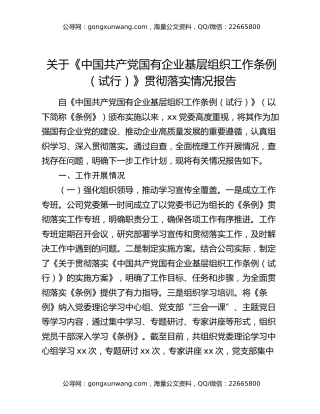 关于《中国共产党国有企业基层组织工作条例（试行）》贯彻落实情况报告
