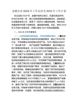 金融企业2024年工作总结及2025年工作计划