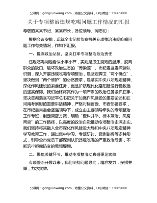 关于专项整治违规吃喝问题工作情况的汇报
