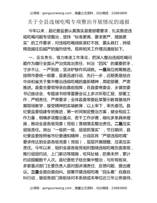 关于全县违规吃喝专项整治开展情况的通报