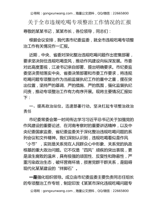 关于全市违规吃喝专项整治工作情况的汇报