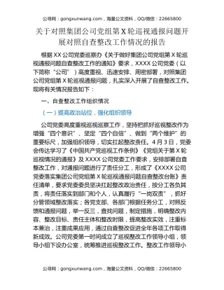 关于对照集团公司党组第X轮巡视通报  问题开展对照自查整改工作情况的报告
