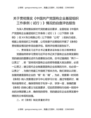 关于贯彻落实《中国共产党国有企业基层组织工作条例（试行）》情况的自查评估报告