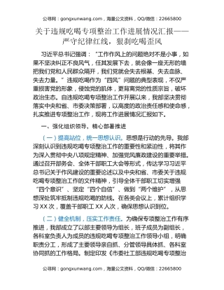 关于违规吃喝专项整治工作进展情况汇报——严守纪律红线，狠刹吃喝歪风
