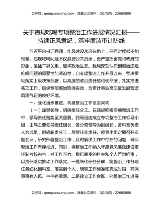 关于违规吃喝专项整治工作进展情况汇报——持续正风肃纪，筑牢廉洁审计防线