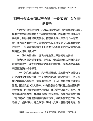 副局长落实全面从严治党“一岗双责”有关情况报告