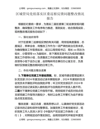 区城管局党组落实区委巡察反馈问题整改情况报告