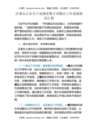 区委办公室关于违规吃喝专项整治工作进展情况汇报