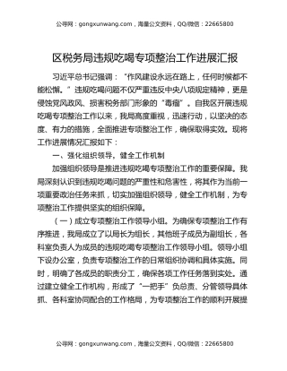 区税务局违规吃喝专项整治工作进展汇报
