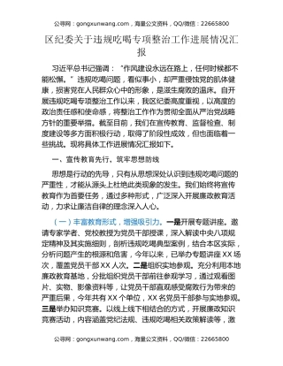 区纪委关于违规吃喝专项整治工作进展情况汇报