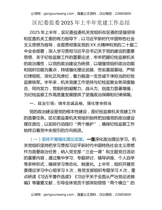 区纪委监委2025年上半年党建工作总结