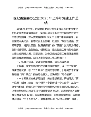 区纪委监委办公室2025年上半年党建工作总结