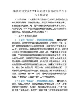 集团公司党委2024年党建工作情况总结及下一步工作计划