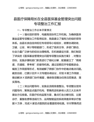 县医疗保障局长在全县医保基金管理突出问题专项整治工作汇报