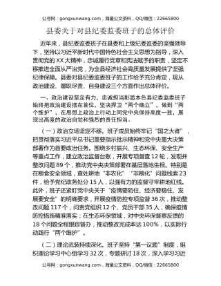 县委关于对县纪委监委班子的总体评价