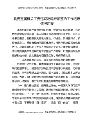 县委直属机关工委违规吃喝专项整治工作进展情况汇报