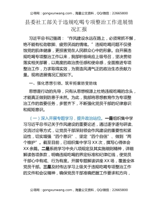 县委社工部关于违规吃喝专项整治工作进展情况汇报