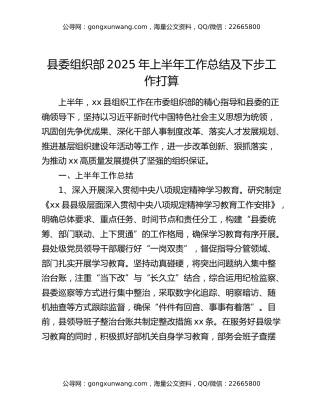 县委组织部2025年上半年工作总结及下步工作打算