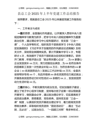 县总工会2025年上半年党建工作总结报告