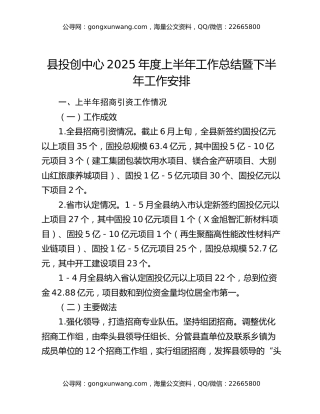 县投创中心2025年度上半年工作总结暨下半年工作安排