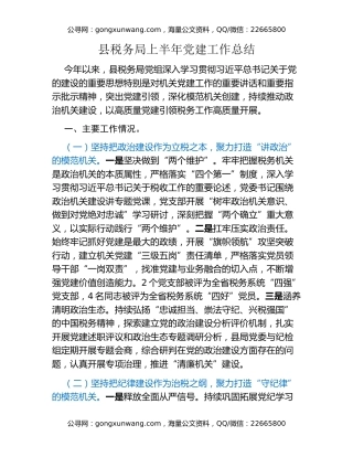 县税务局上半年党建工作总结