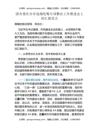 团市委在全市违规吃喝专项整治工作推进会上的汇报发言