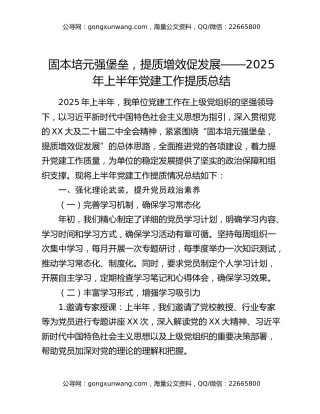 固本培元强堡垒，提质增效促发展——2025年上半年党建工作提质总结