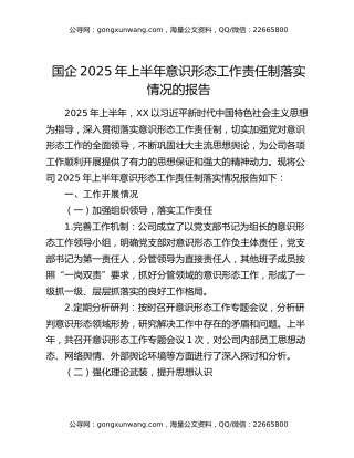 国企2025年上半年意识形态工作责任制落实情况的报告