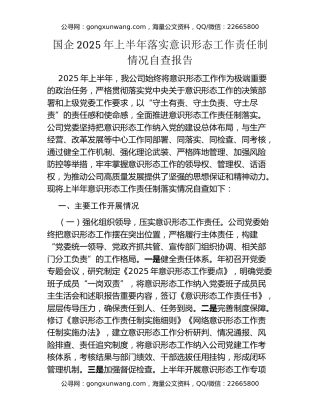 国企2025年上半年落实意识形态工作责任制情况自查报告