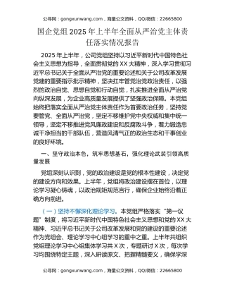国企党组2025年上半年全面从严治党主体责任落实情况报告