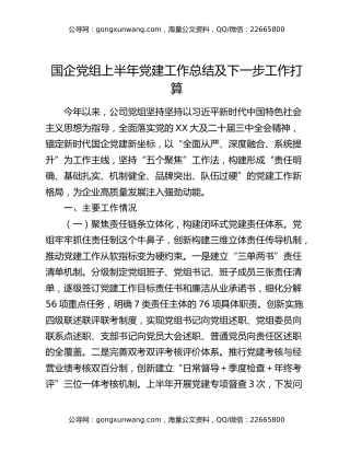 国企党组上半年党建工作总结及下一步工作打算