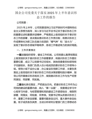 国企公司党委关于落实2025年上半年意识形态工作的报告