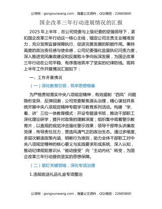 国企改革三年行动进展情况的汇报