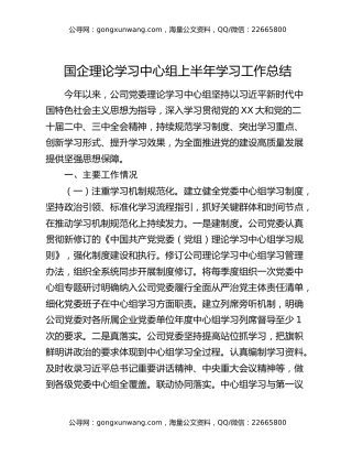国企理论学习中心组上半年学习工作总结