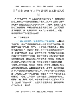 国有企业2025年上半年意识形态工作情况总结
