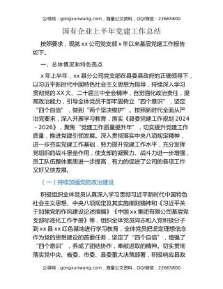 国有企业上半年党建工作总结