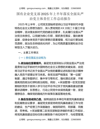 国有企业党支部 2025 年上半年落实全面从严治党主体责任工作总结报告