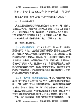 国有企业党支部2025年上半年党建工作总结