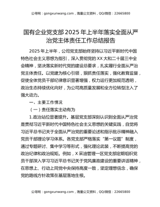 国有企业党支部2025年上半年落实全面从严治党主体责任工作总结报告