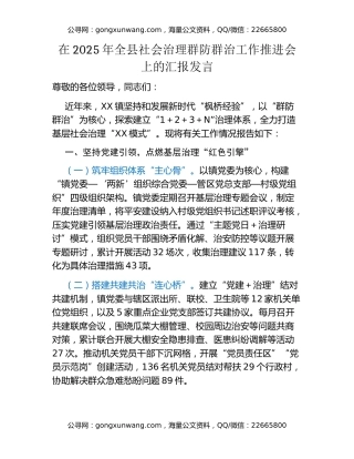 在2025年全县社会治理群防群治工作推进会上的汇报发言
