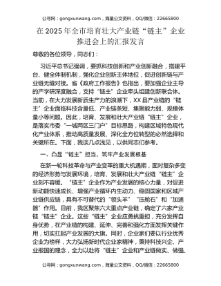 在2025年全市培育壮大产业链“链主”企业推进会上的汇报发言