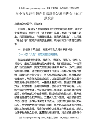 在全市党建引领产业高质量发展推进会上的汇报发言