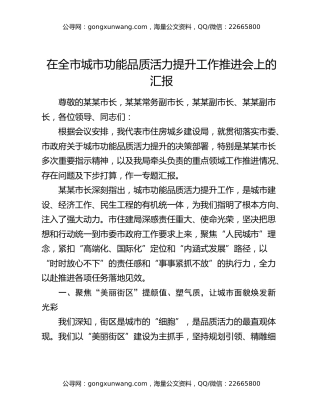 在全市城市功能品质活力提升工作推进会上的汇报