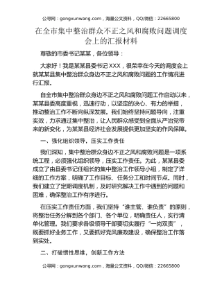 在全市集中整治群众不正之风和腐败问题调度会上的汇报材料