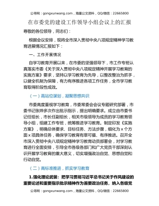 在市委党的建设工作领导小组会议上的汇报