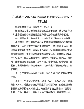 在某某市2025年上半年经济运行分析会议上的汇报
