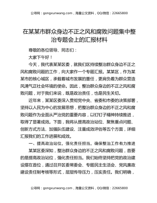在某某市群众身边不正之风和腐败问题集中整治专题会上的汇报材料