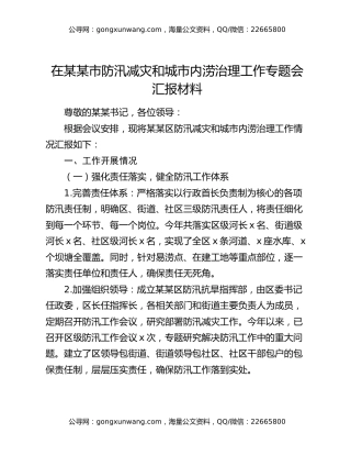 在某某市防汛减灾和城市内涝治理工作专题会汇报材料