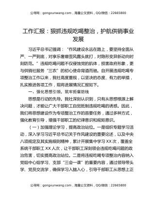 工作汇报：狠抓违规吃喝整治，护航供销事业发展