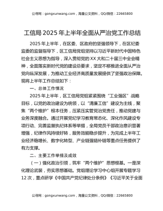 工信局2025年上半年全面从严治党工作总结